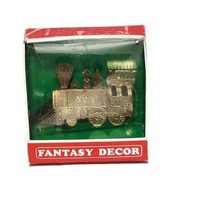 Fantasy Decor Train Engine # 9 Christmas Ornament Brass Gold Dipped In Box